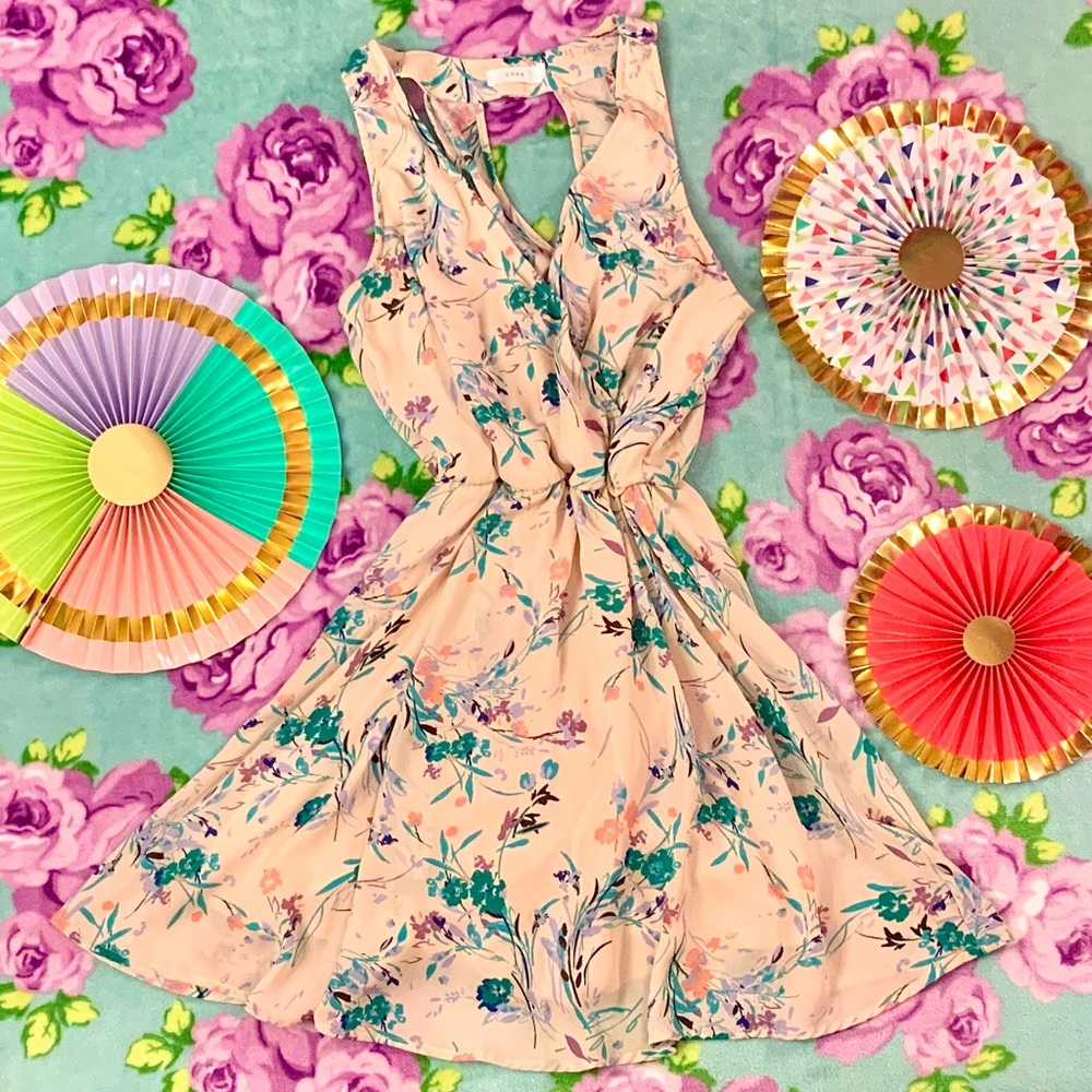 Lush Light Blush Pink Blue Floral Skater Dress XS